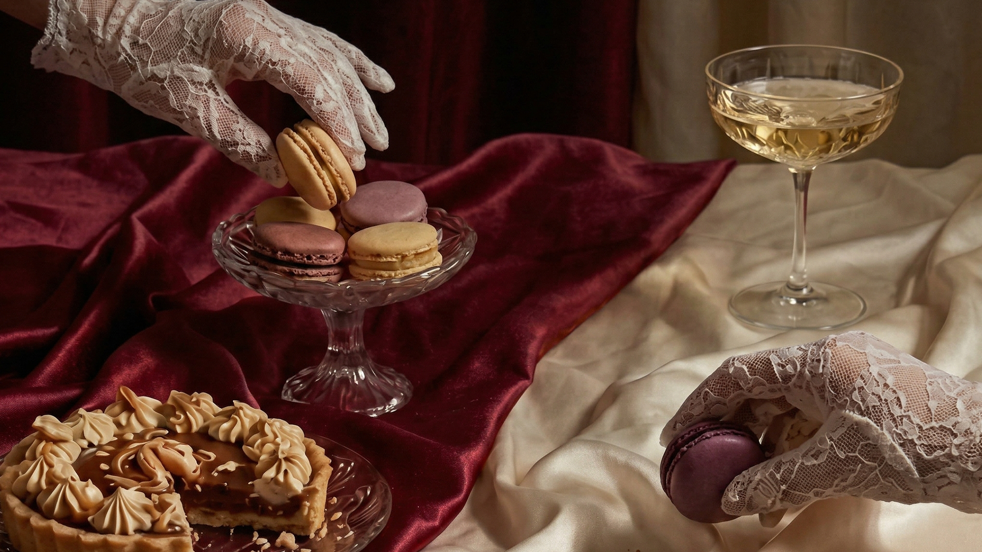 Royal table scene with macarons and champagne