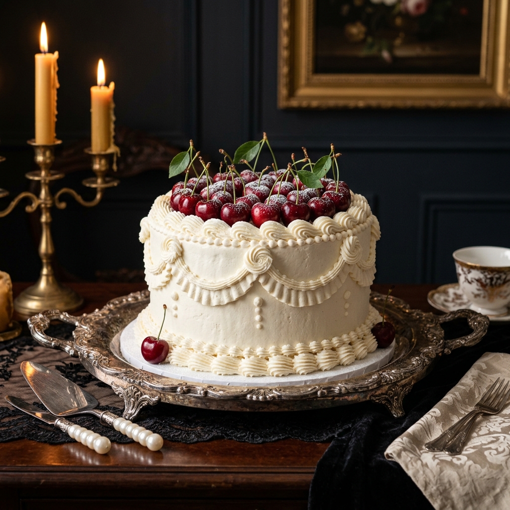 Lover's Lament — Elegant white cream cake with fresh cherries