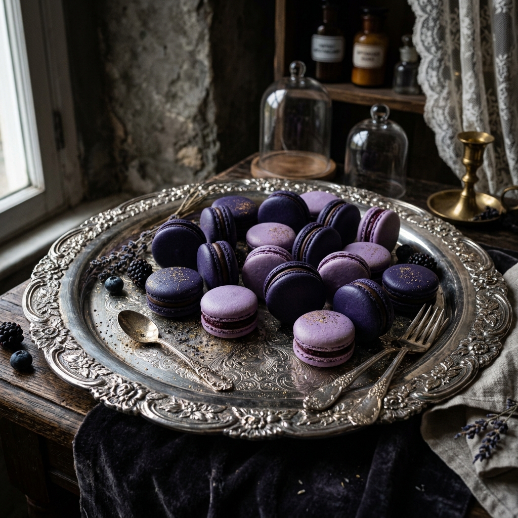 Midnight Macarons — Purple French macarons on silver tray
